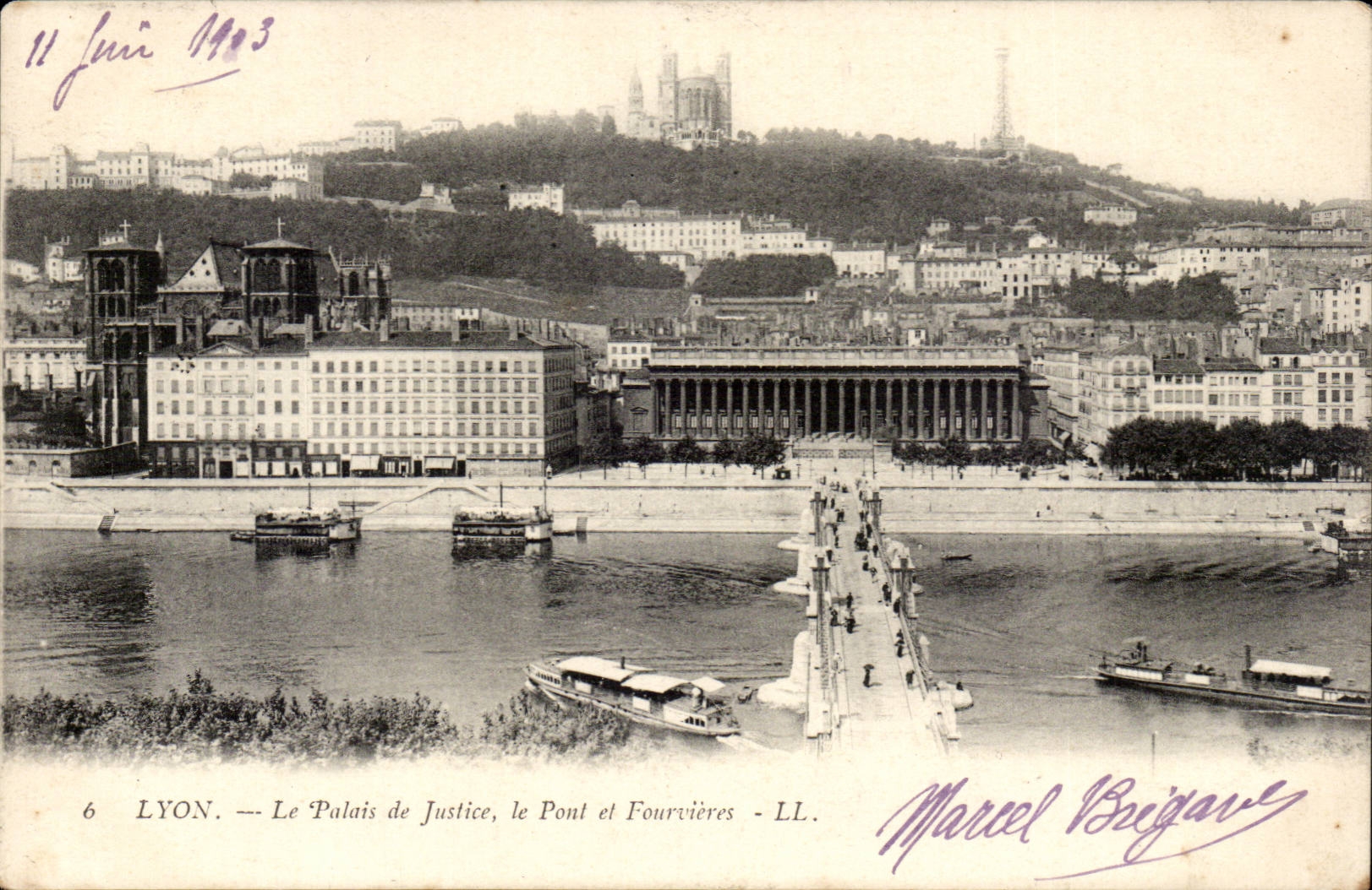 Lyon - Law courts the Bridge and Fourvieres - boat - boat 1903 - CPA