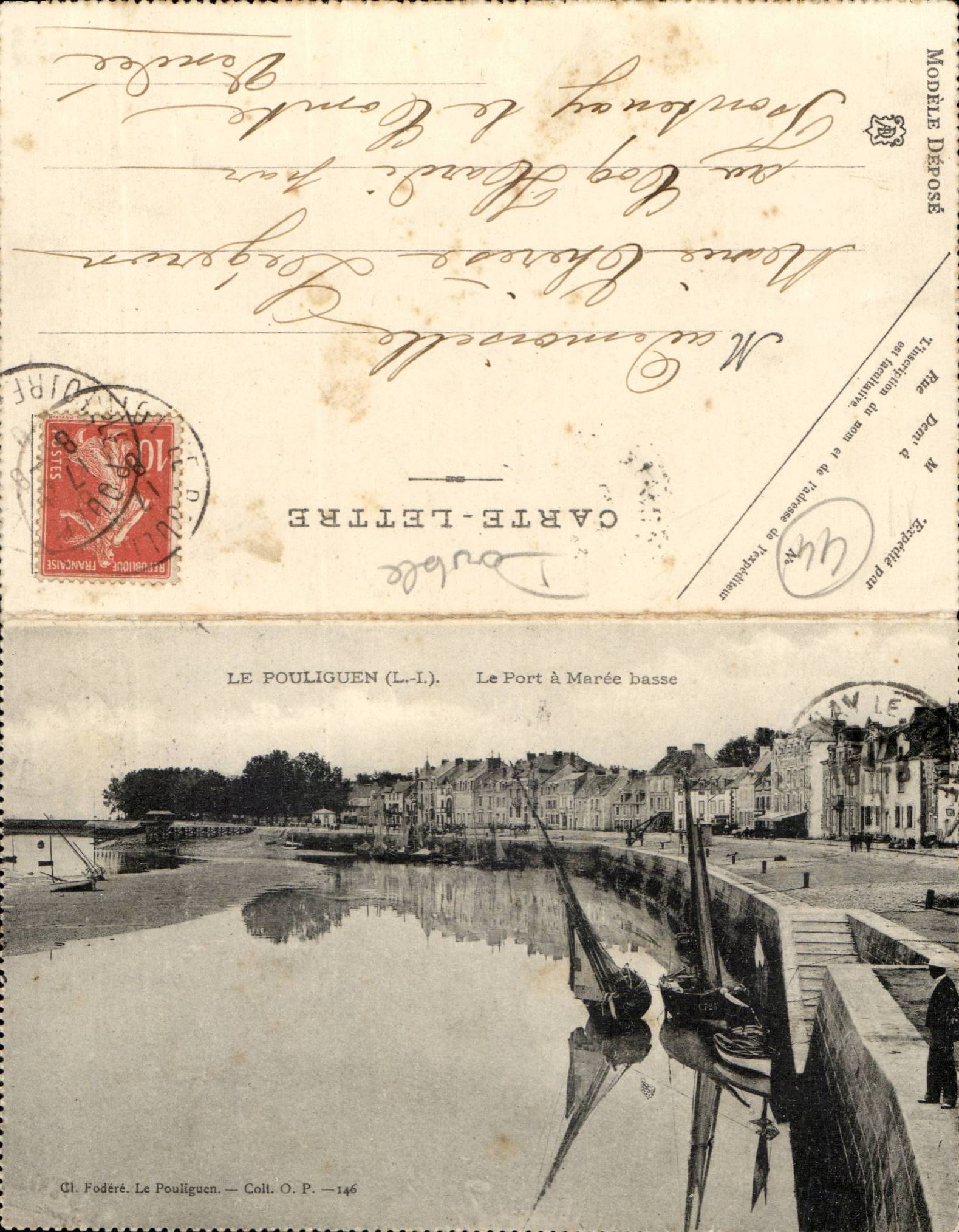 Pouliguen Two Part Card the port has low tide and Details Rocks