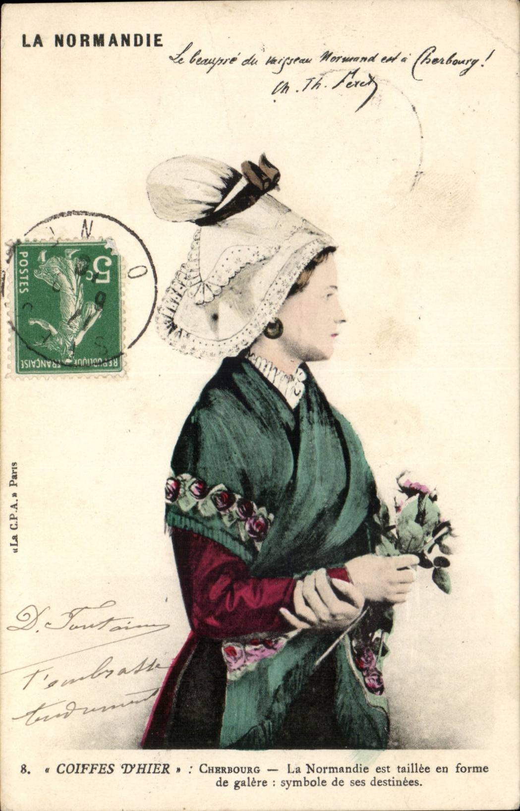 CPA Normandy Coiffes of yesterday Cherbourg Normandy is taillee in form of galere (cap folklore)