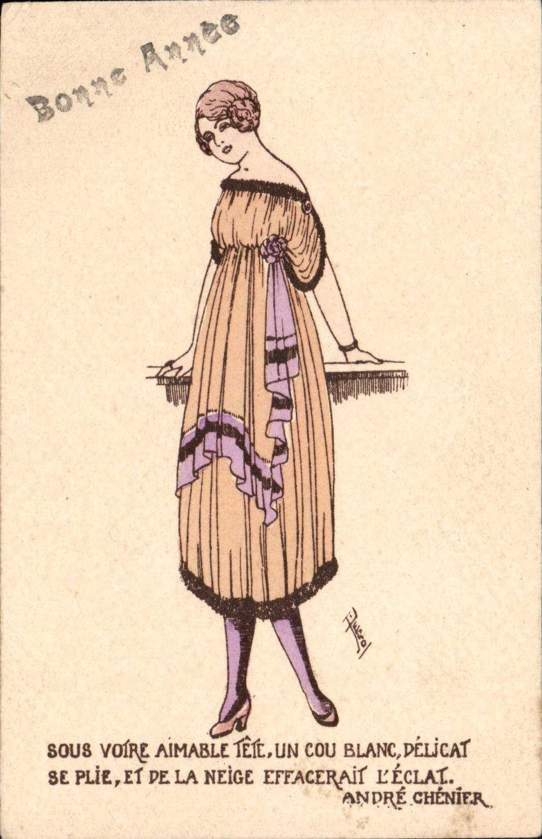 CPA Fantaisie Femme Bonne annee Sous votre aimable tete Andre Chenier Aussol Poetes de la jeunesse