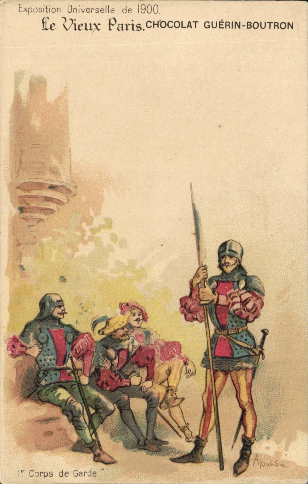 Fantasy CPA Fair universal of 1900 the old man Paris Chocolate Guerin Boutron Body of guard (militaria uniform)