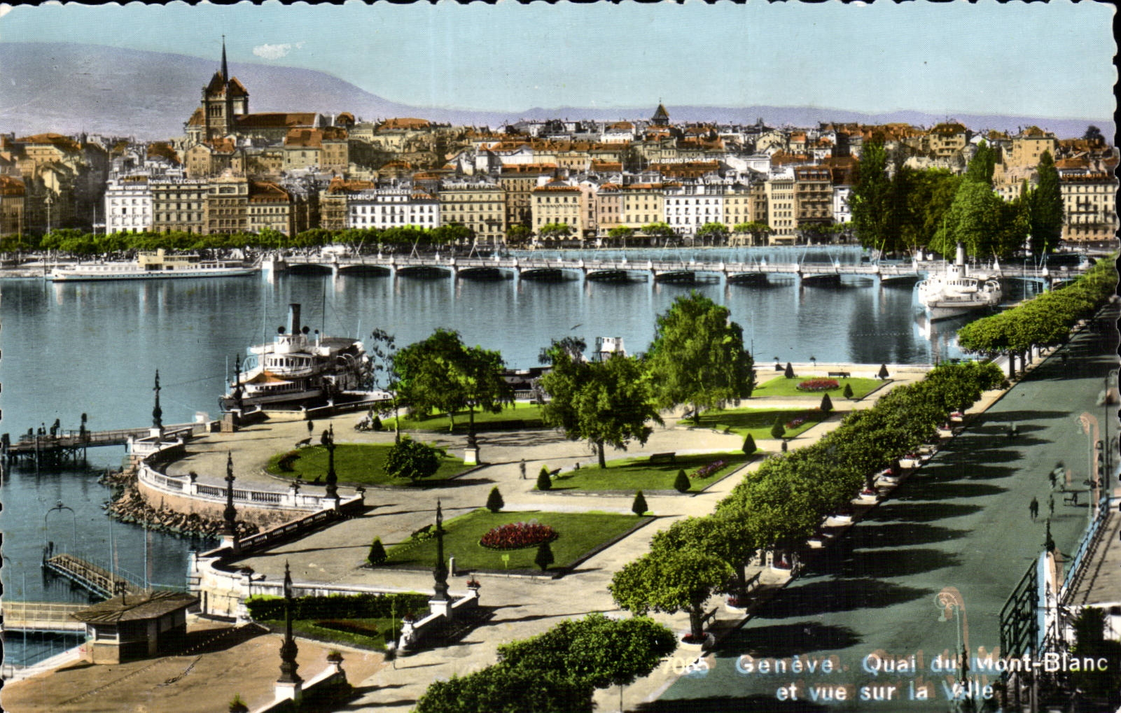 Switzerland Geneva MODERN CARD Quay of the Mount Blanc and seen on the city