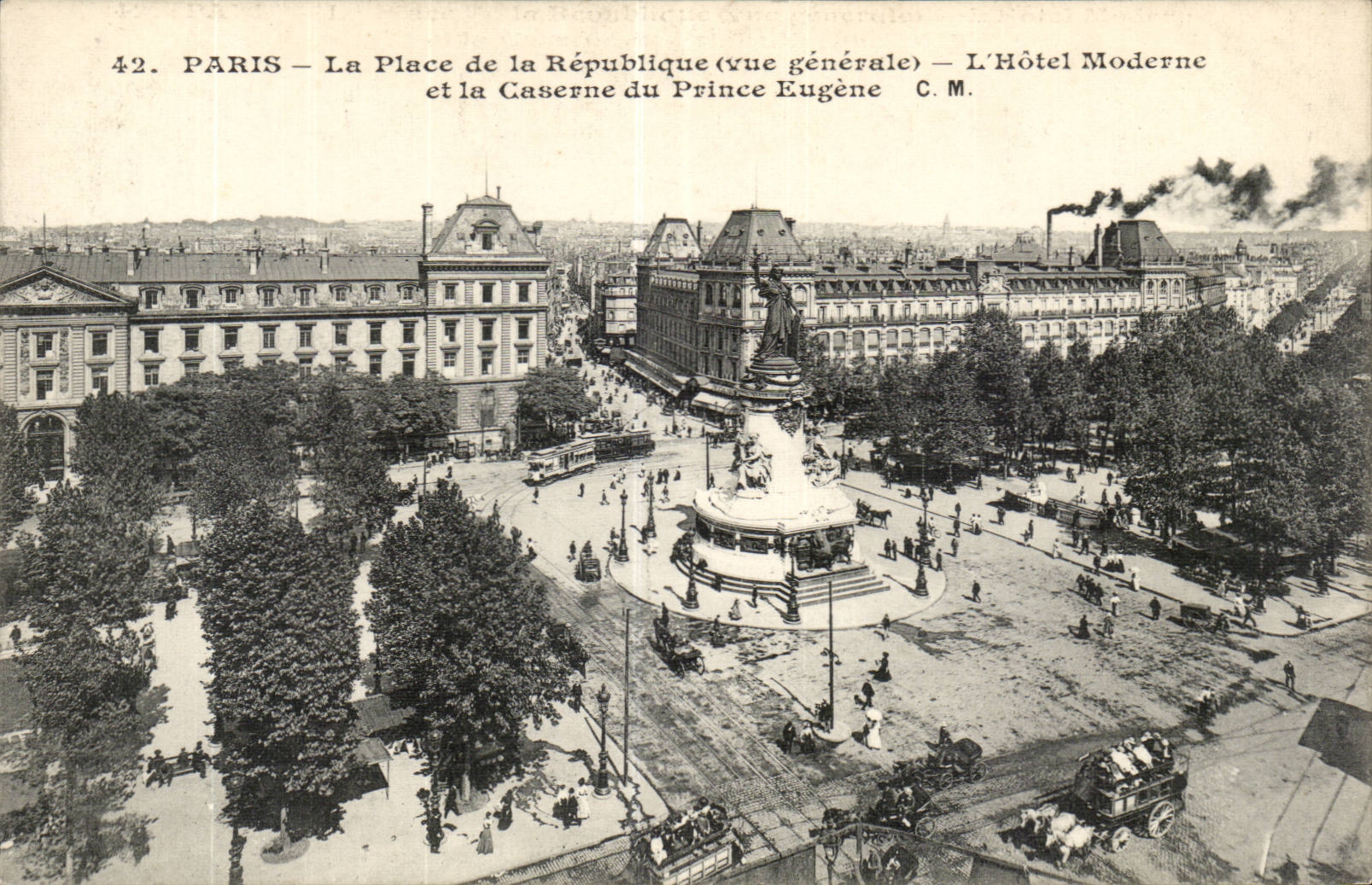 Paris CPA the place of the Republic (lion) the Modern hotel and the barracks of prince Eugene