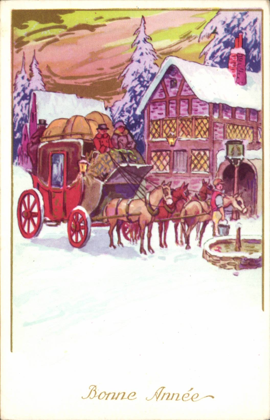 Fetes - Bonne Annee - Illustration - caleche - winter scene - CPA 