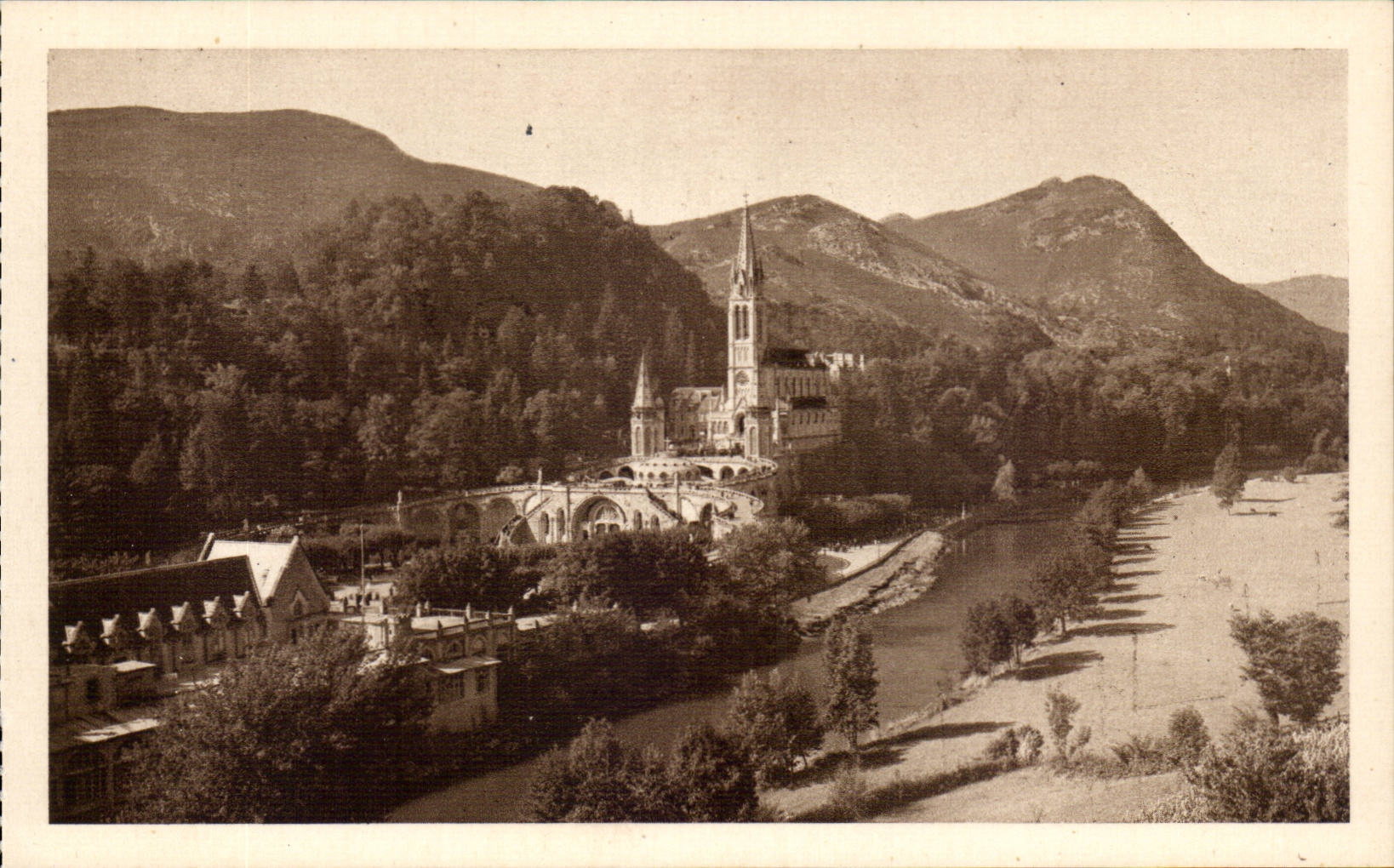 Lourdes - the Basilica and Train station - CPA