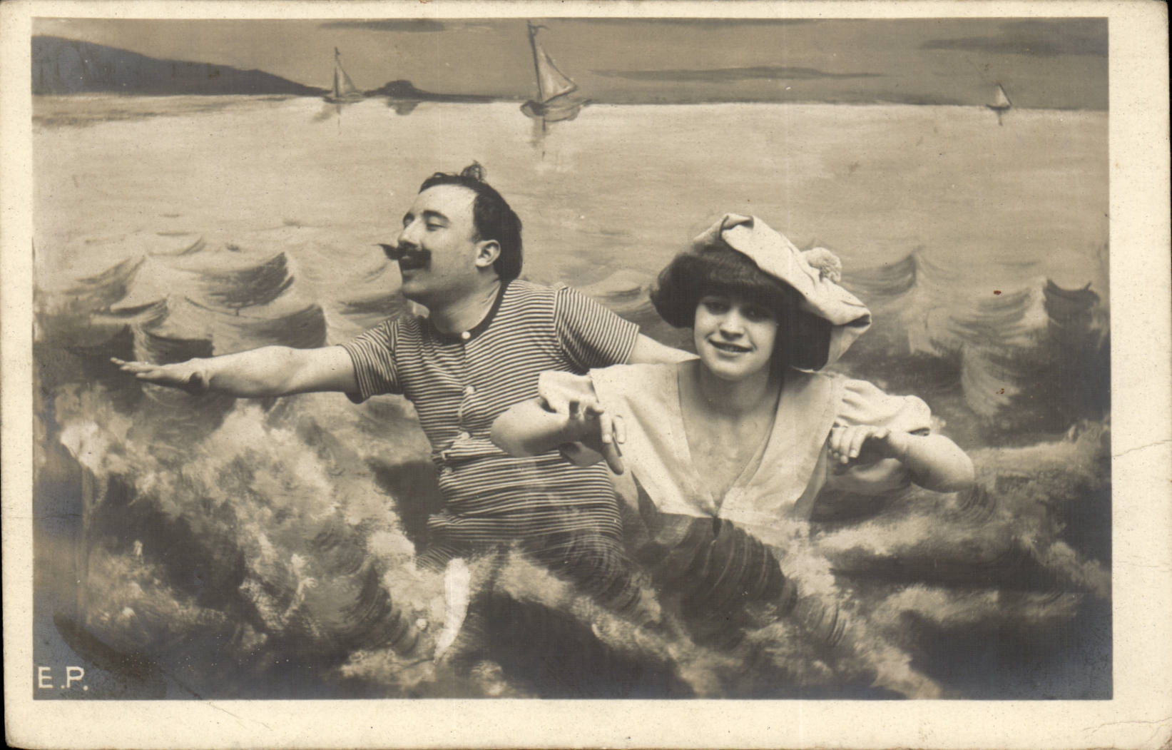 Fantaisie - Couple - Couple swimming CPA