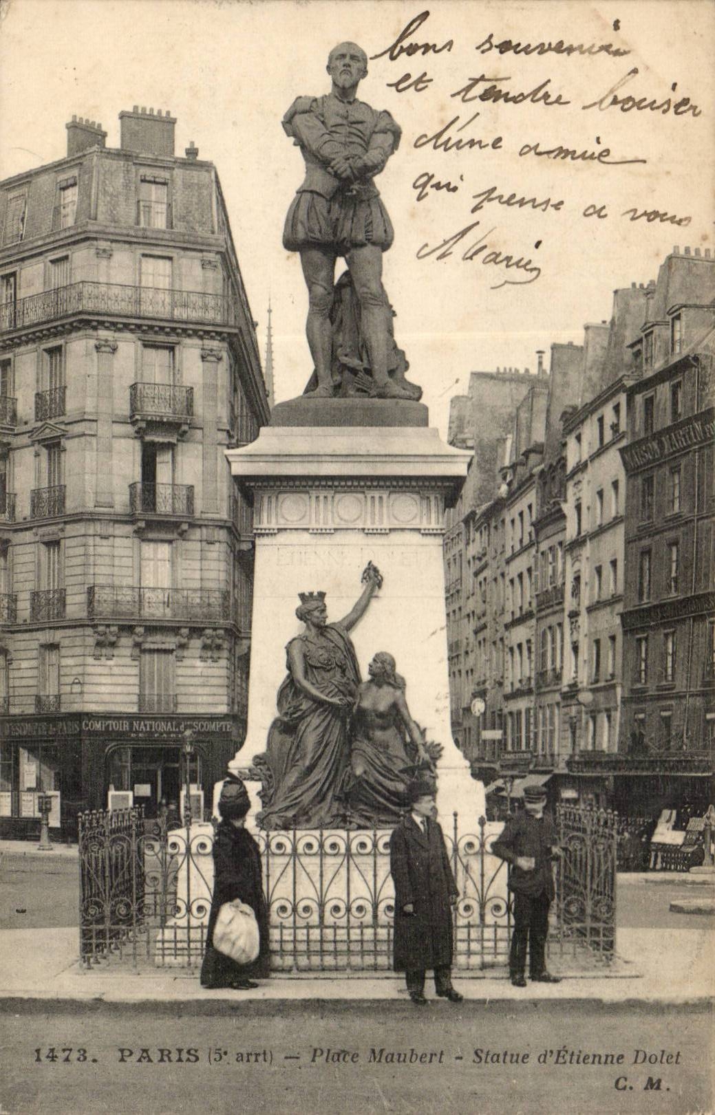 Paris CPA Places Maubert Statue of Etienne Dolet