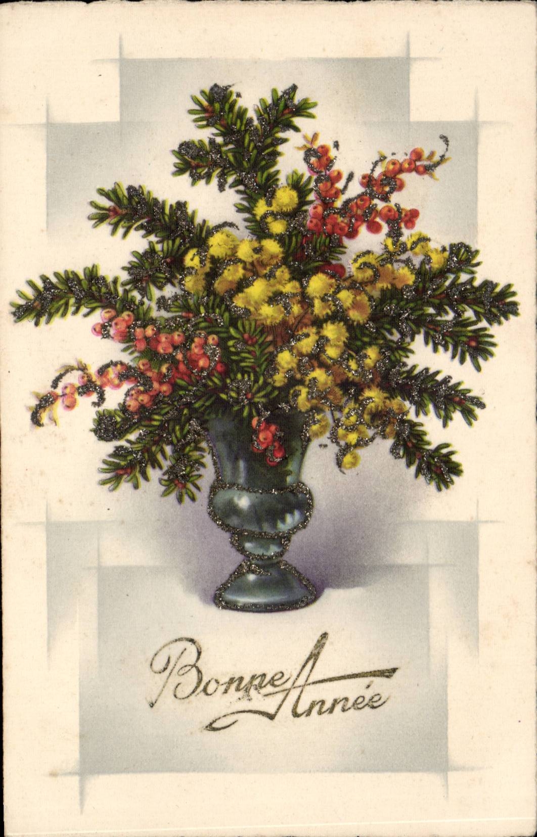 CPA Fantaisie Bouquet de fleurs Bonne annee (decoration en relief et brillant)
