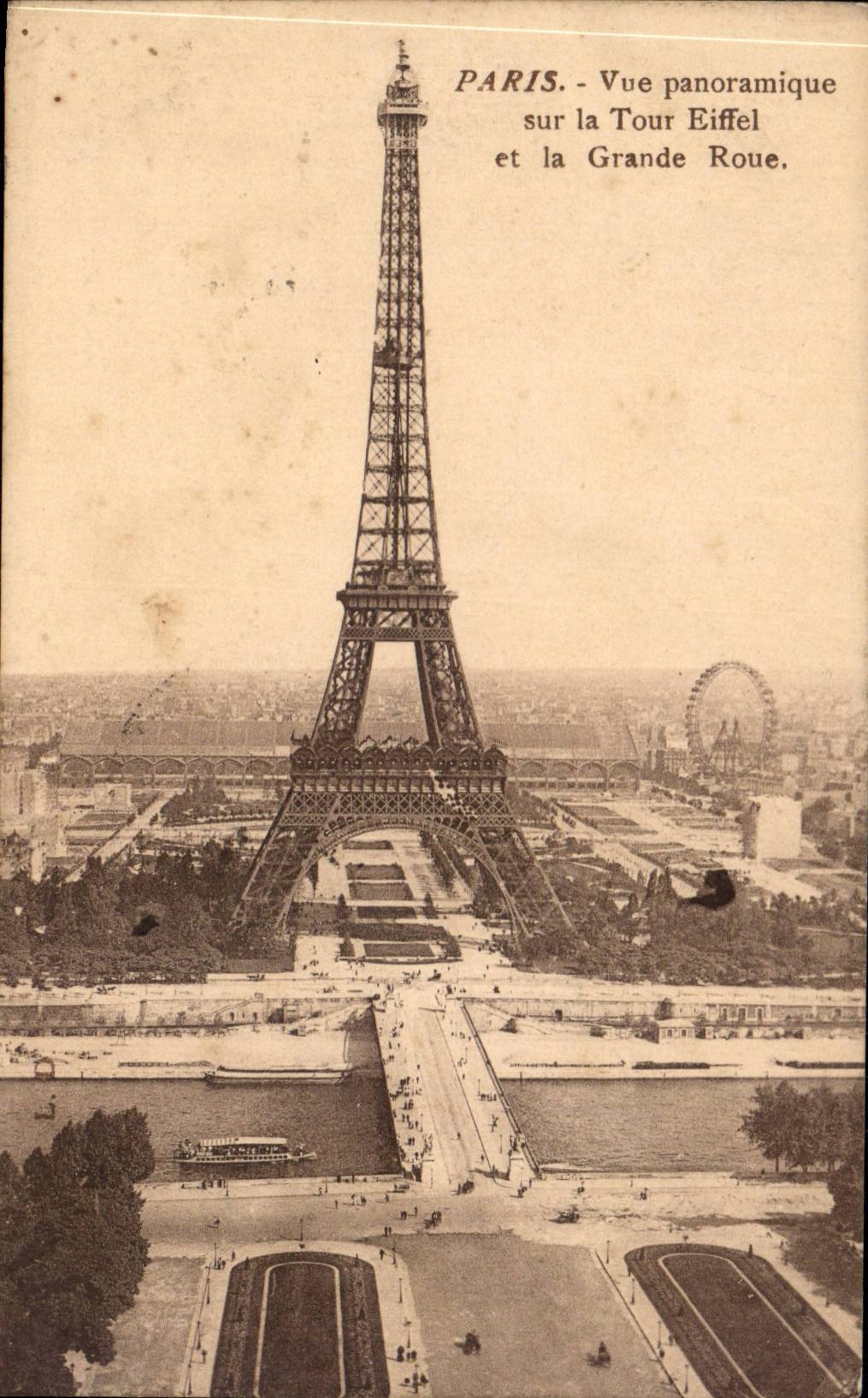 Paris CPA Panoramic View on the Eiffel Lathe and the large wheel