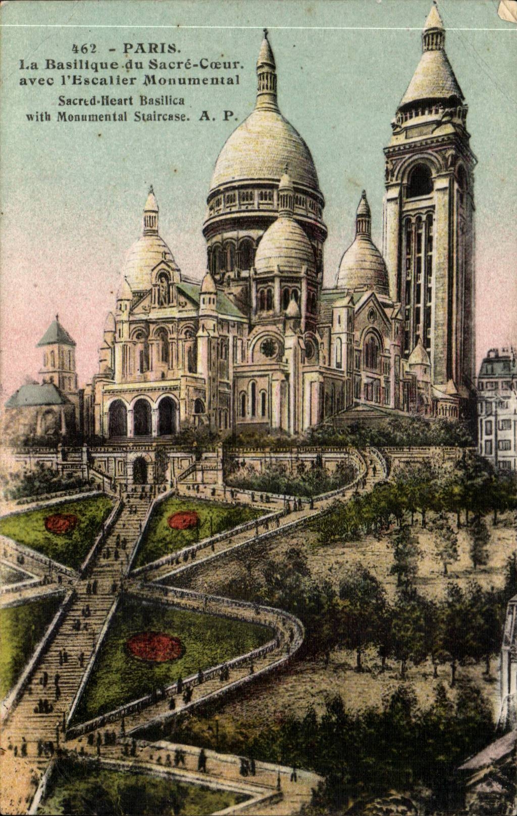 Paris CPA La basilique du Sacre Coeur avec l'escalier monumental