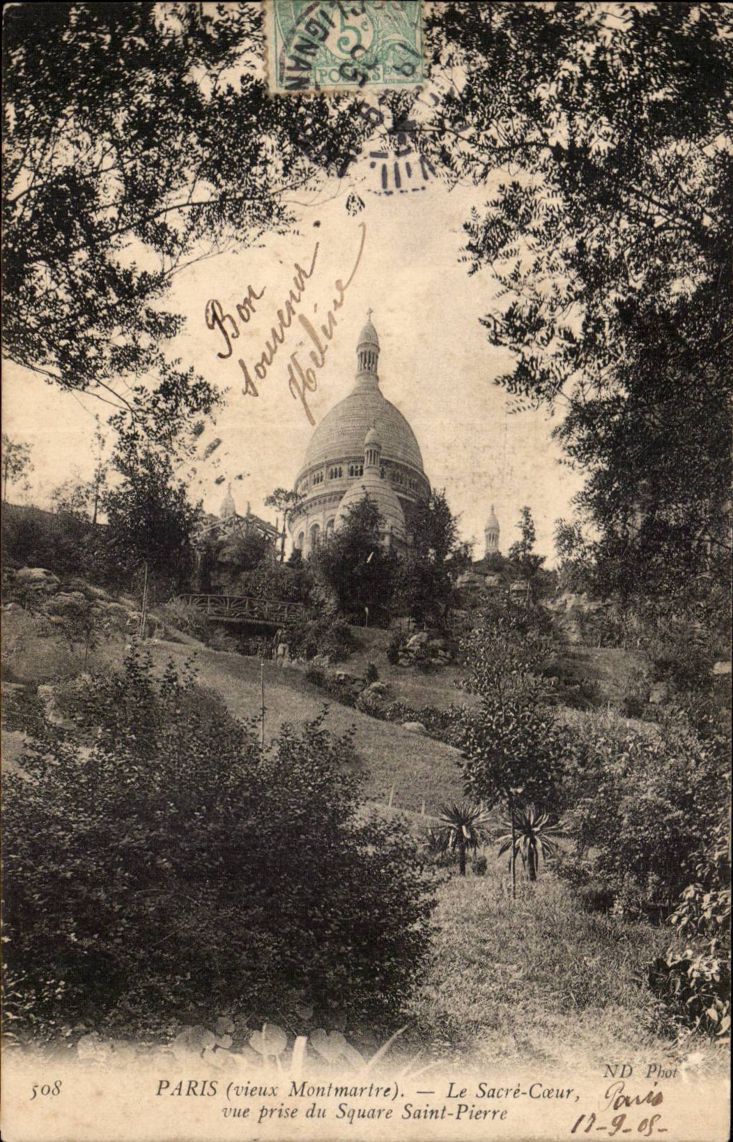 CPA Paris Vieux Montmartre Sacre Coeur vue prise du square Saint Pierre
