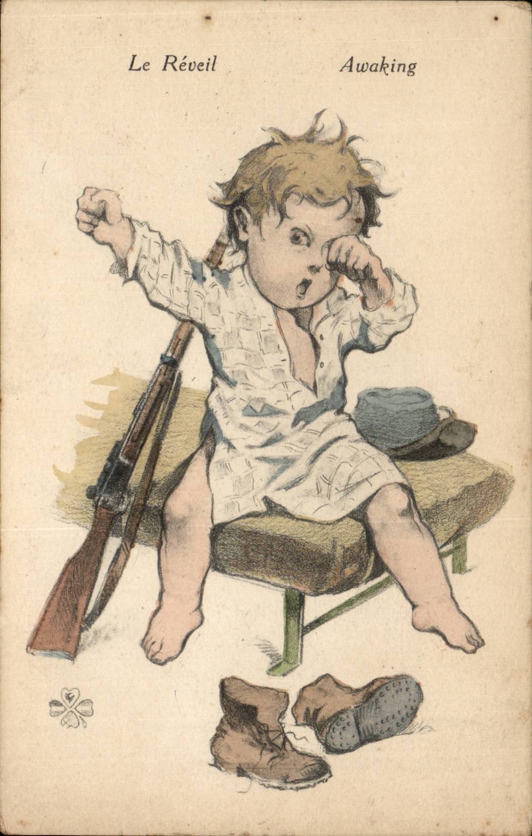 CPA Fantasy Child the alarm clock (soldier militaria)