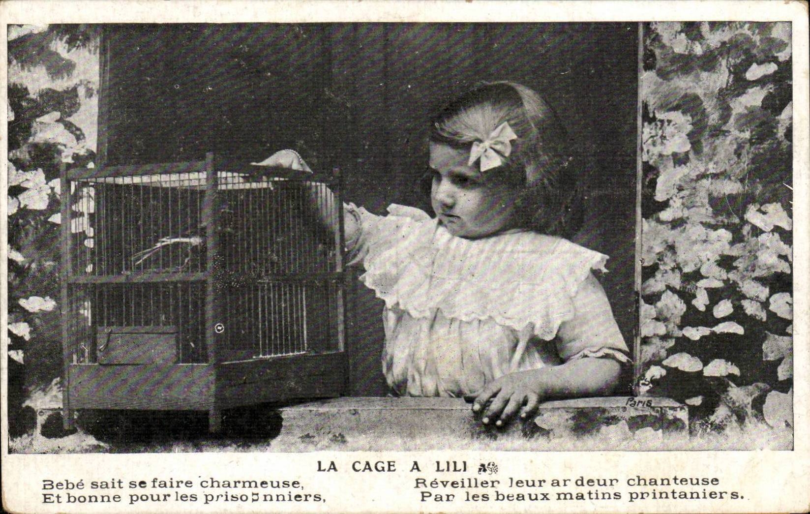 CPA Fantasy Child the cage has Lili (bird bird)