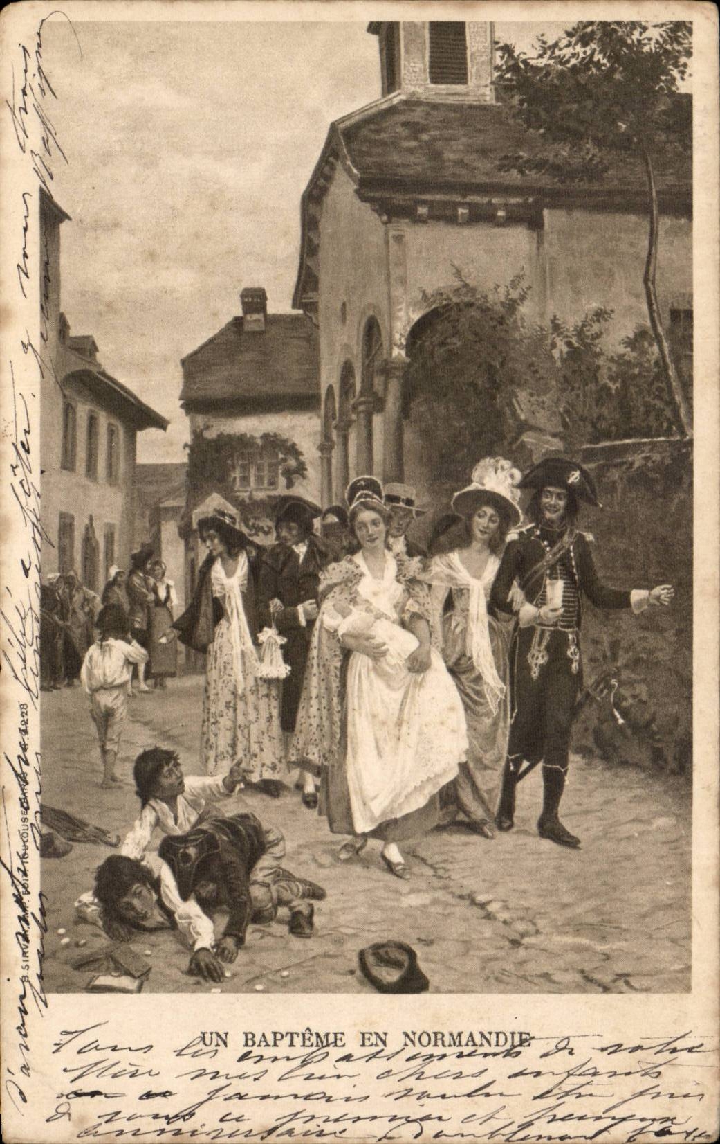 CPA Fantasy a baptism in Normandy (folklore caps costume)