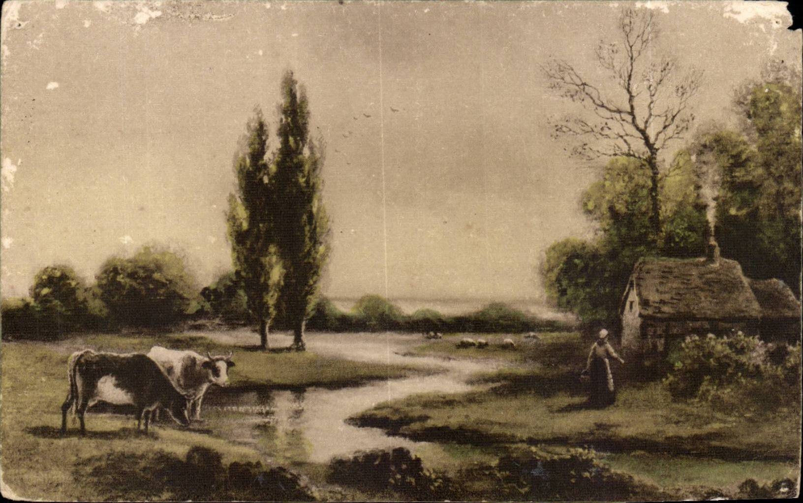 CPA Tableau Paysage et vaches