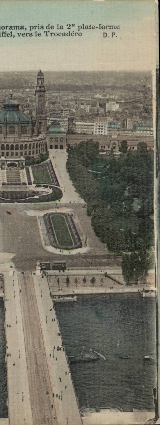 Paris CPA Panorama taken of the 2nd platform of the Eiffel Tower towards Trocadero