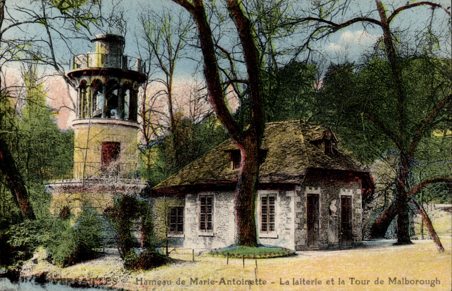 Versailles CPA the castle Hamlet of Marie Antoinette dairy and the tower of Malborough