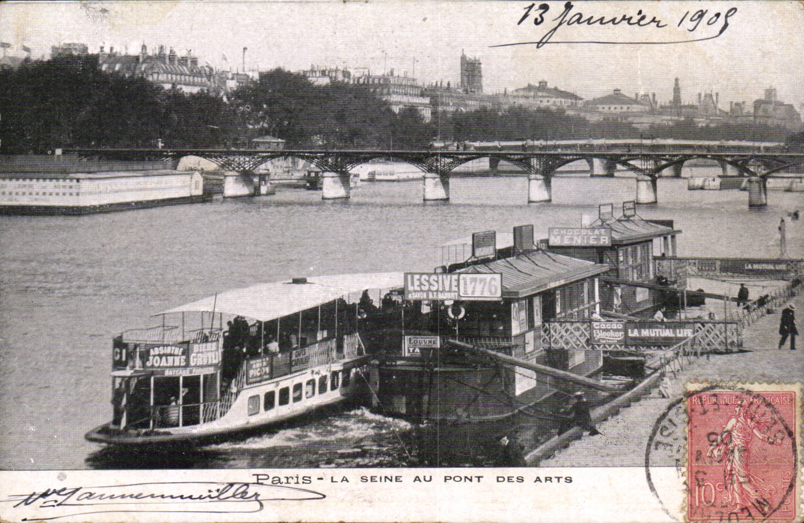 Paris CPA La Seine au pont des arts (peniche boat ship bateau)