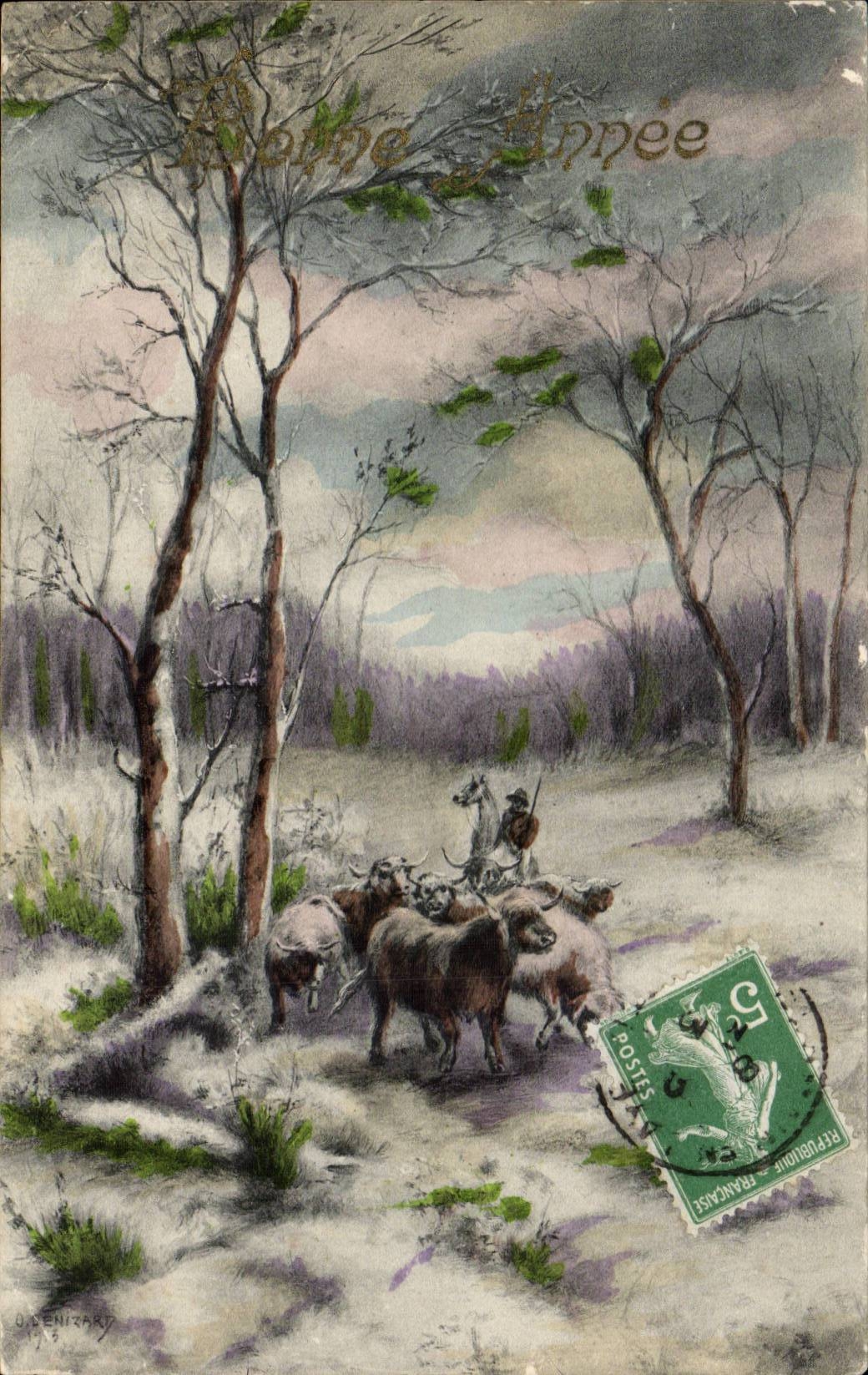 CPA Fantaisie Paysage Boeuf Troupeau d'elevage