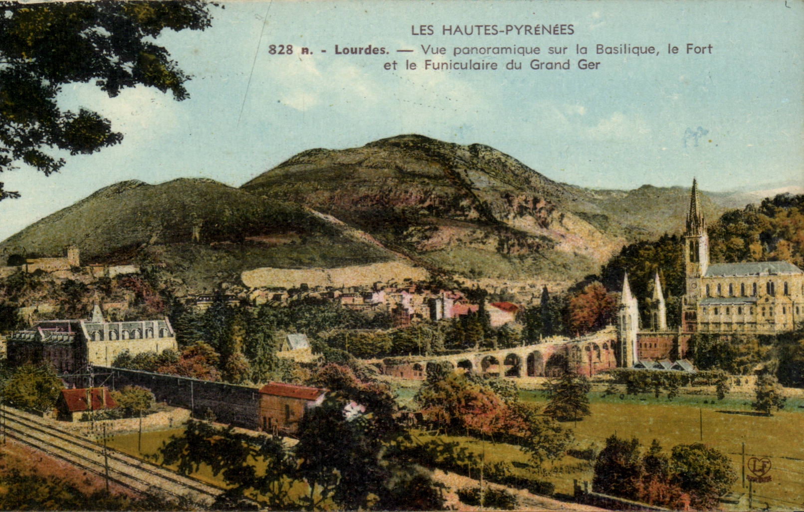 Lourdes CPA Panoramic View on the basilica the fort and the funicular of large Ger
