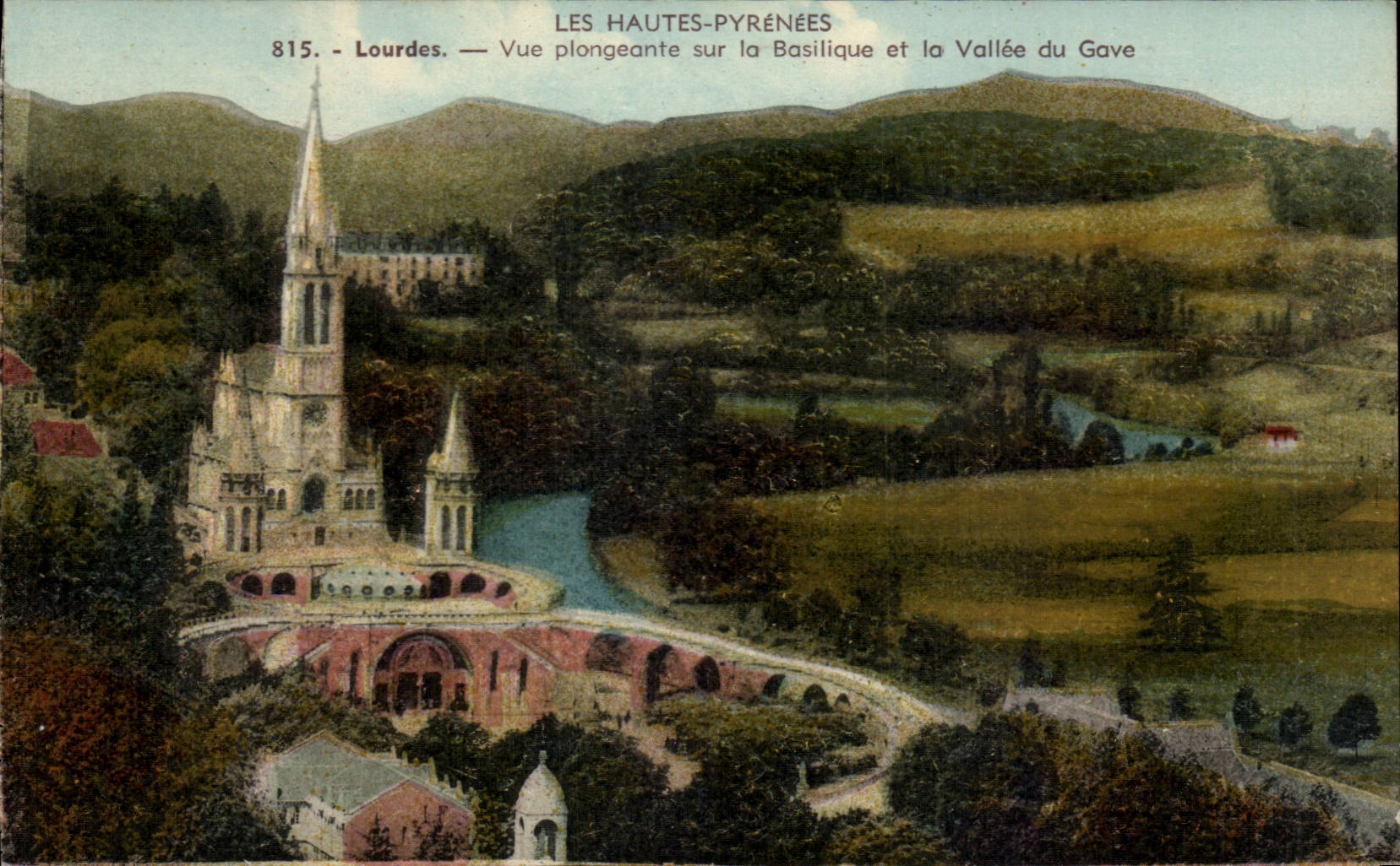 Lourdes CPA View from above on the basilica and the valley of Gave