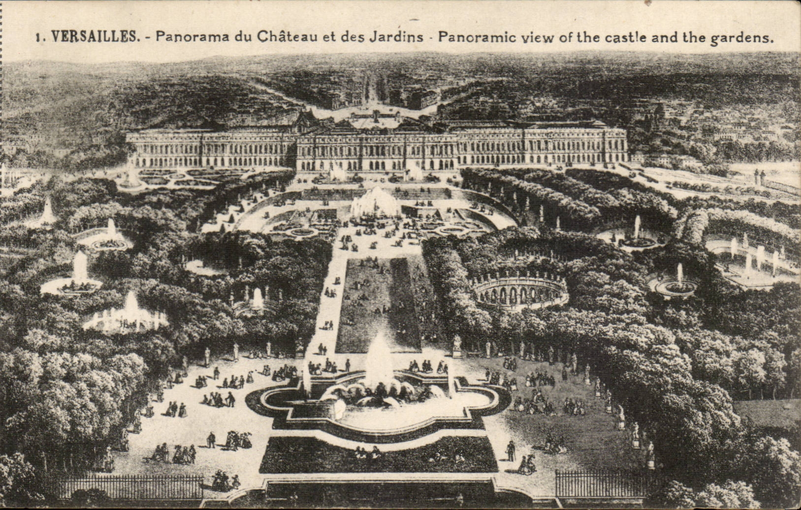 CPA Versailles Panorama of the castle and the gardens