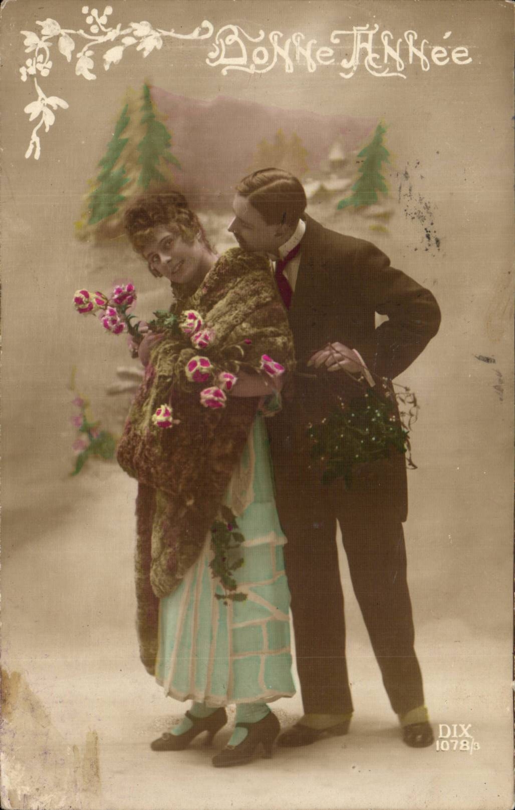 Fantaisie - Couple - Bonne Annee - Woman with fur coat - CPA -