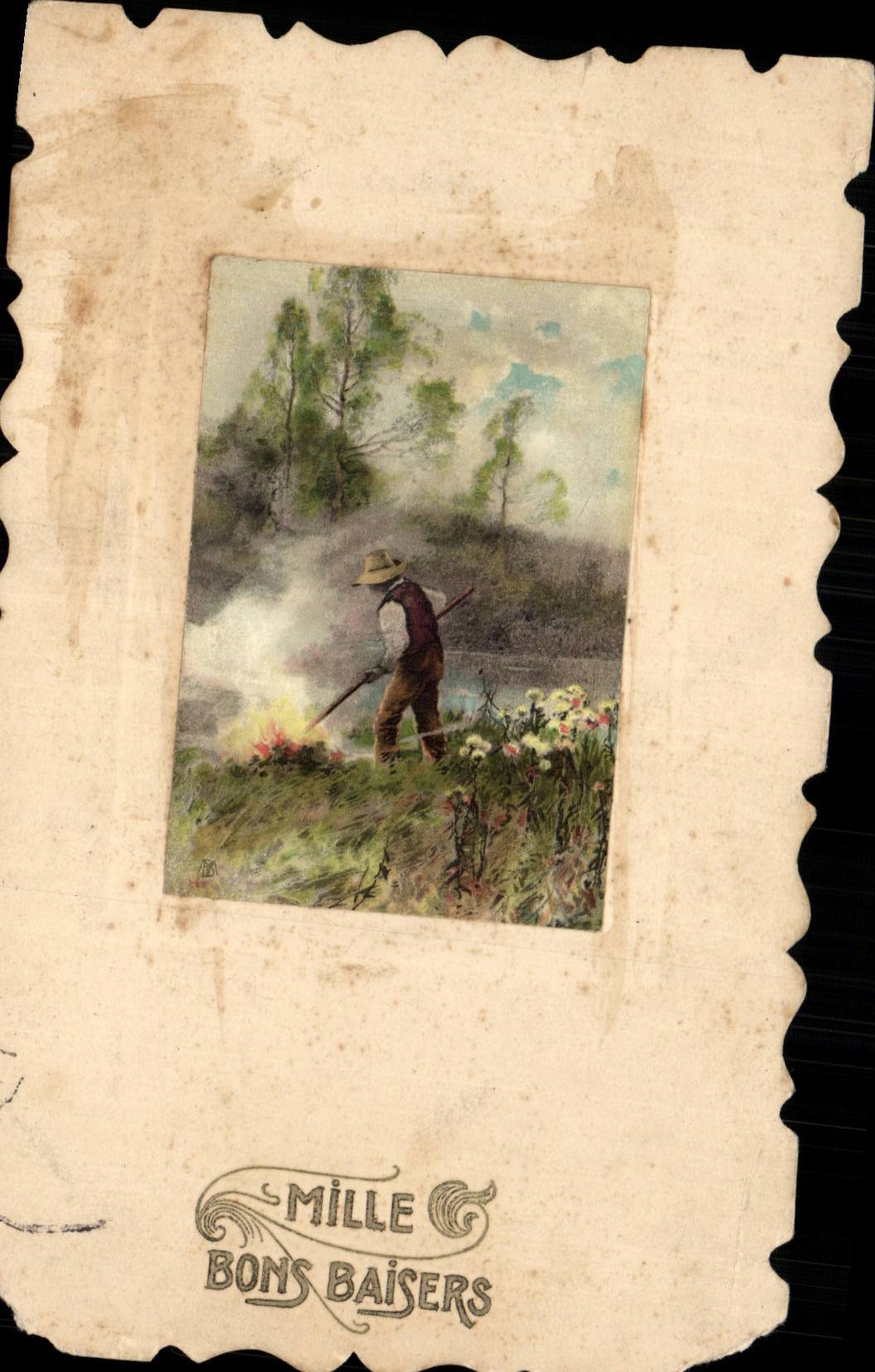Arts - tableau - Mille Bons Baisers - farmer working the land - CPA 