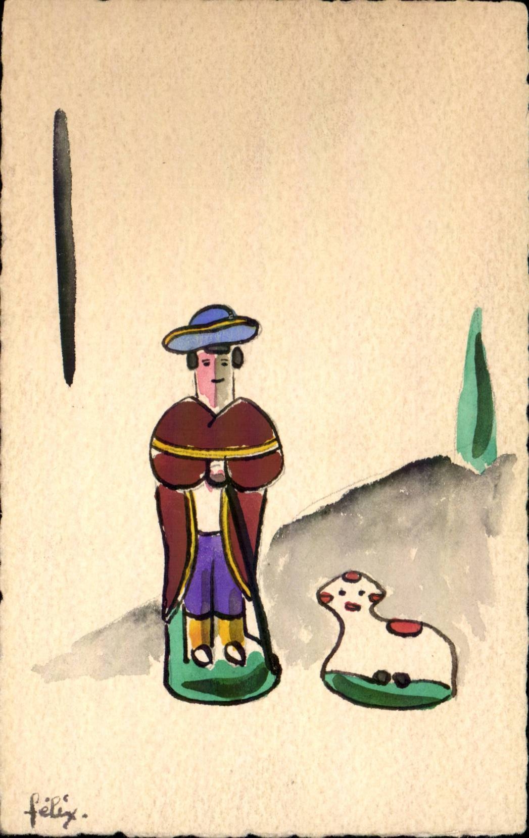 Illustration - mouton - shepard and little sheep - abstract - CPA