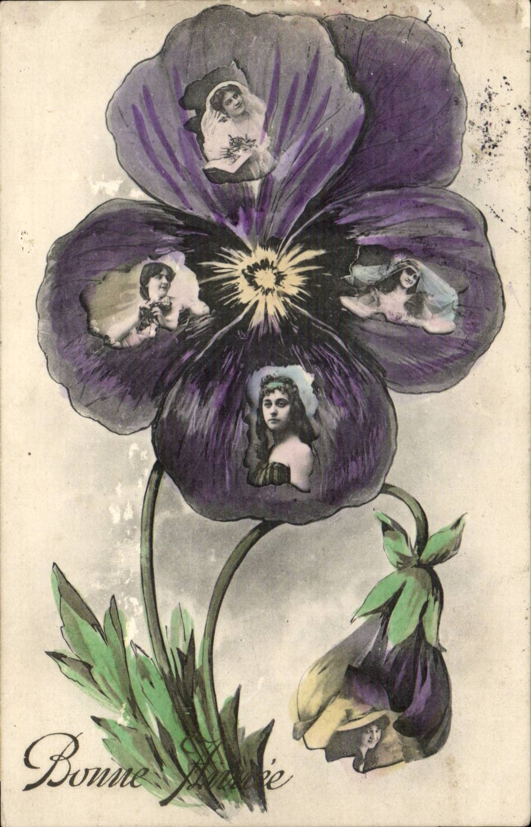 Fetes - Bonne Anne - Femme - Woman images in flower - fleur - pensee - CPA