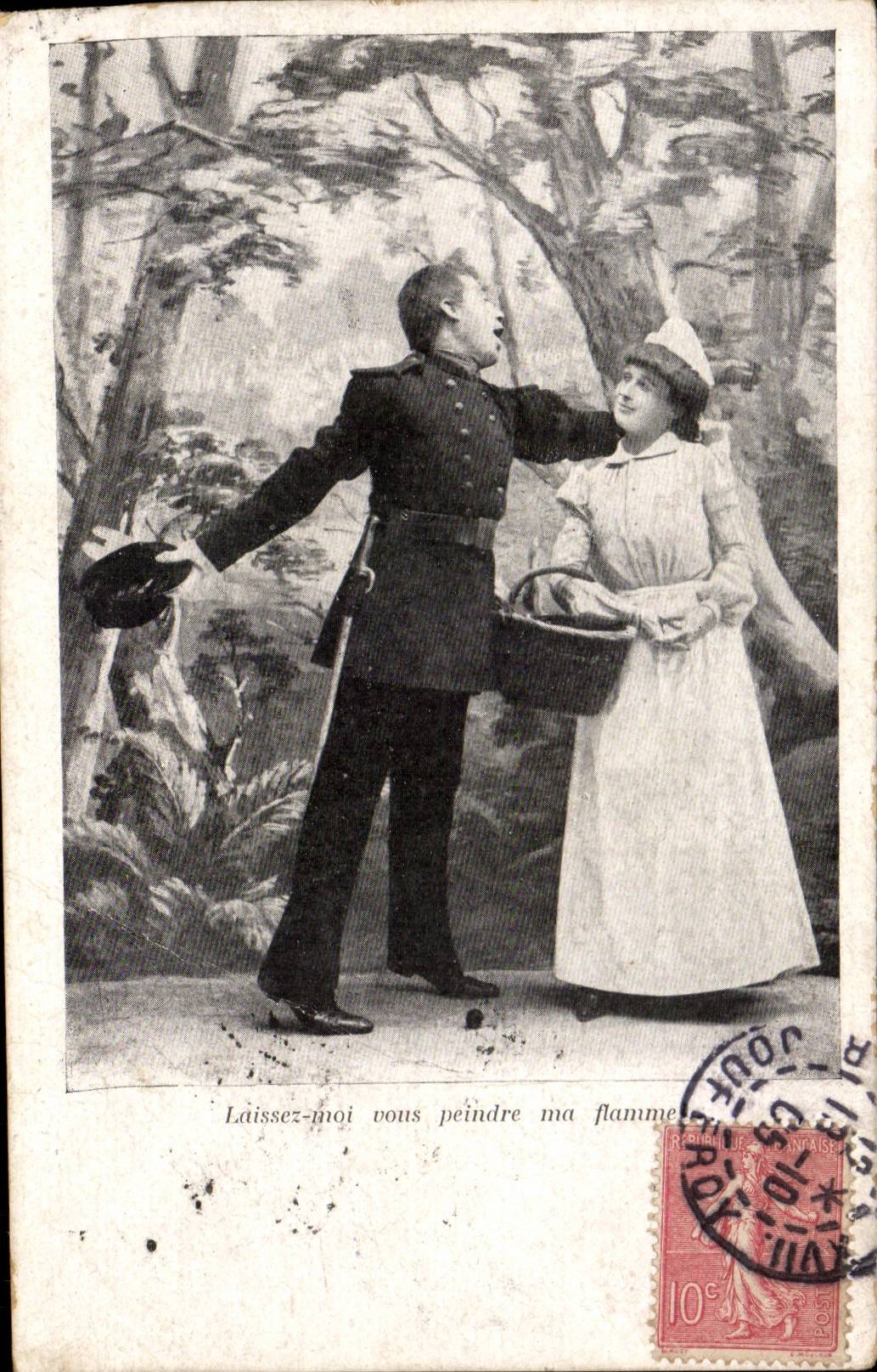 Fantaisie - Couple - Militaria - Soldier singing a song - humour - CPA 