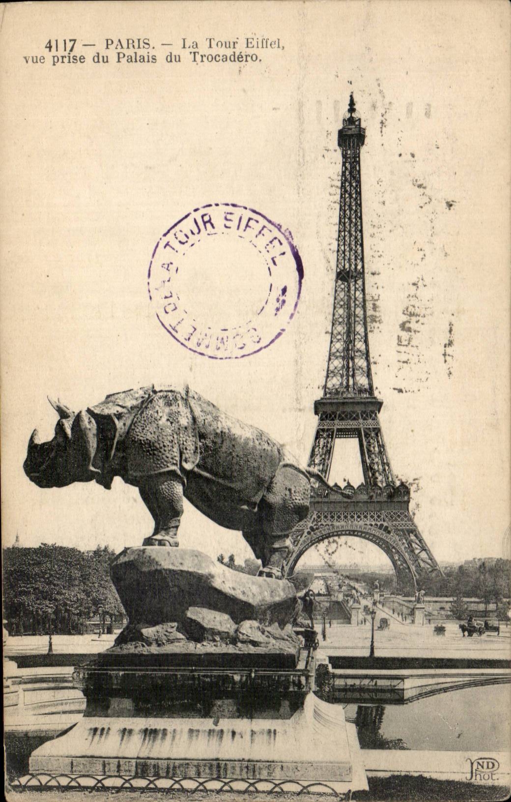 Paris CPA the Eiffel Tower seen from of the palate of Trocadero (rhinoceraos)