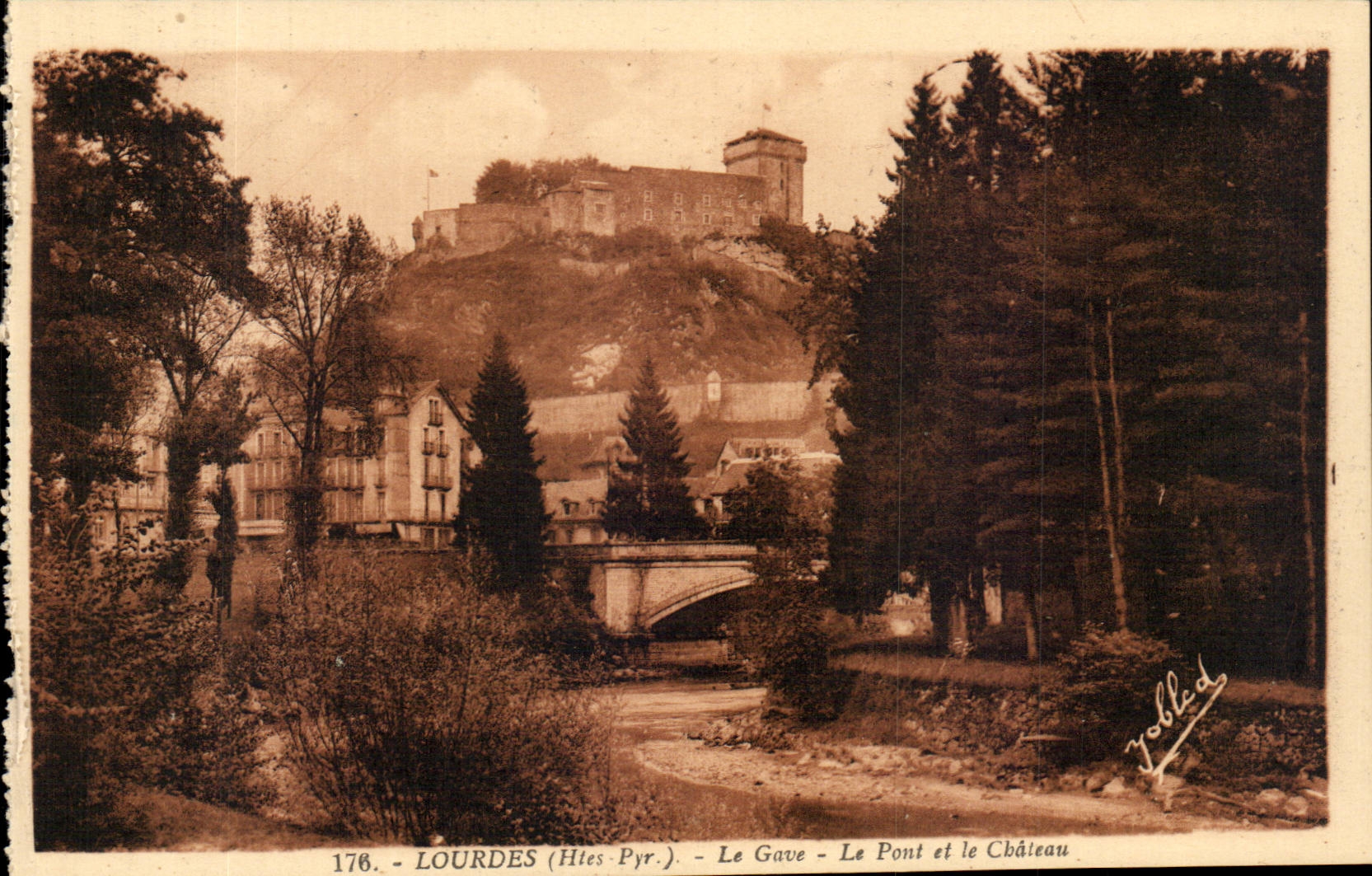 Lourdes - Gave - the Bridge and Castle CPA