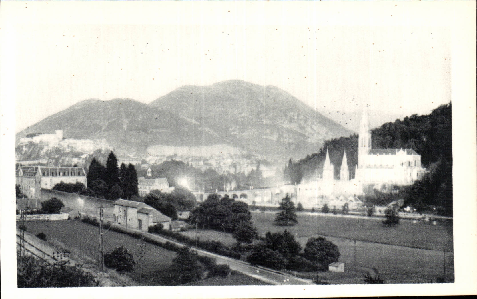 Lourdes - the Illuminated Basilica and Castle Fort CPA