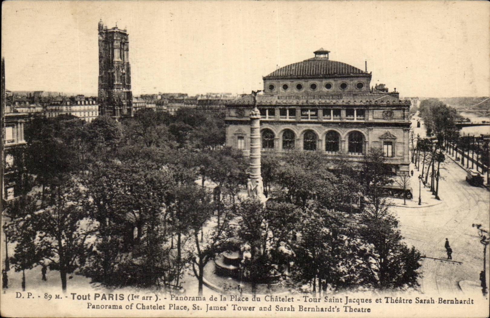 Paris CPA Panorama de la place du Chatelet Tour Saint Jacques et Sarah Bernhardt
