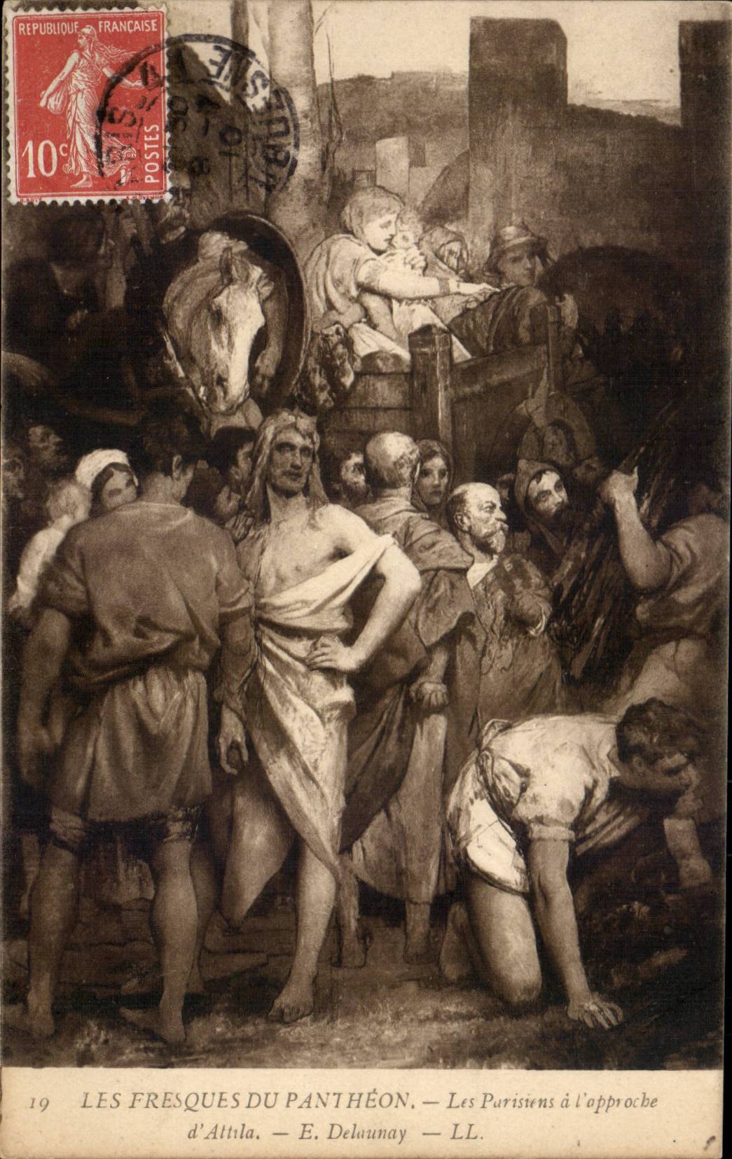 CPA paris les fresques du Pantheon Les parisiens a l'approche d'Attila Delaunay