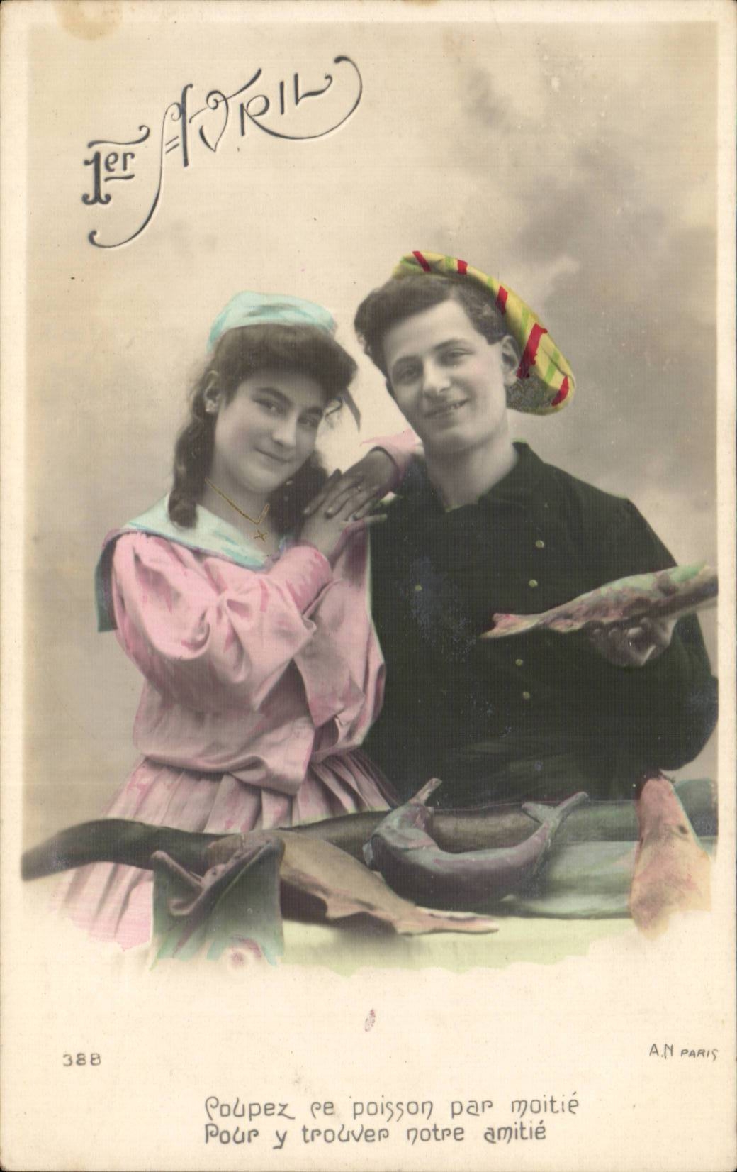 Fantaisie - Couple - Poisson d'Avril - Fete - April 1 - CPA 