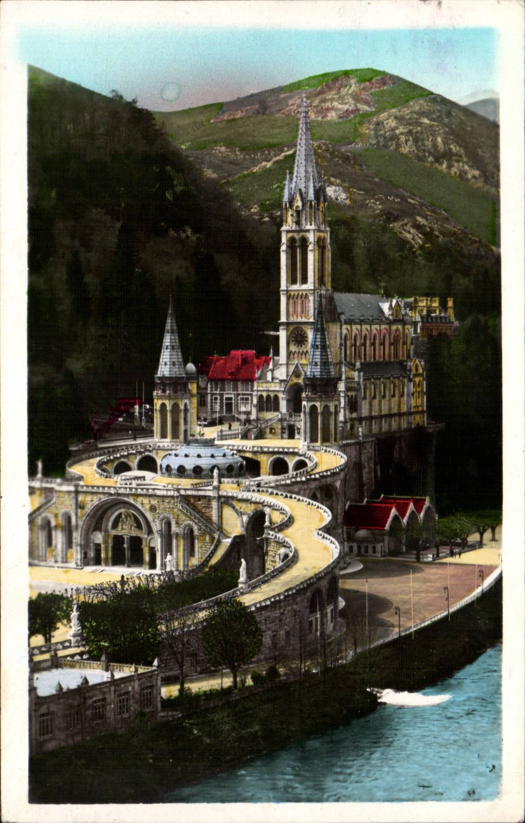 Lourdes - the Basilica and Gave - CPA