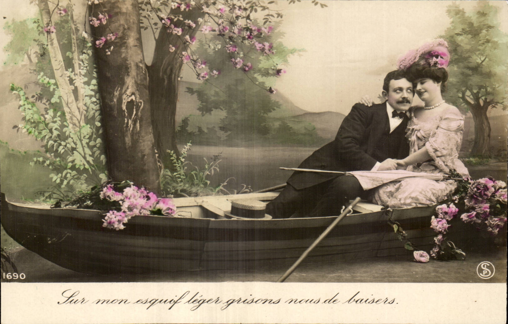 Fantaisie - Couple - floating romantic boat - CPA 