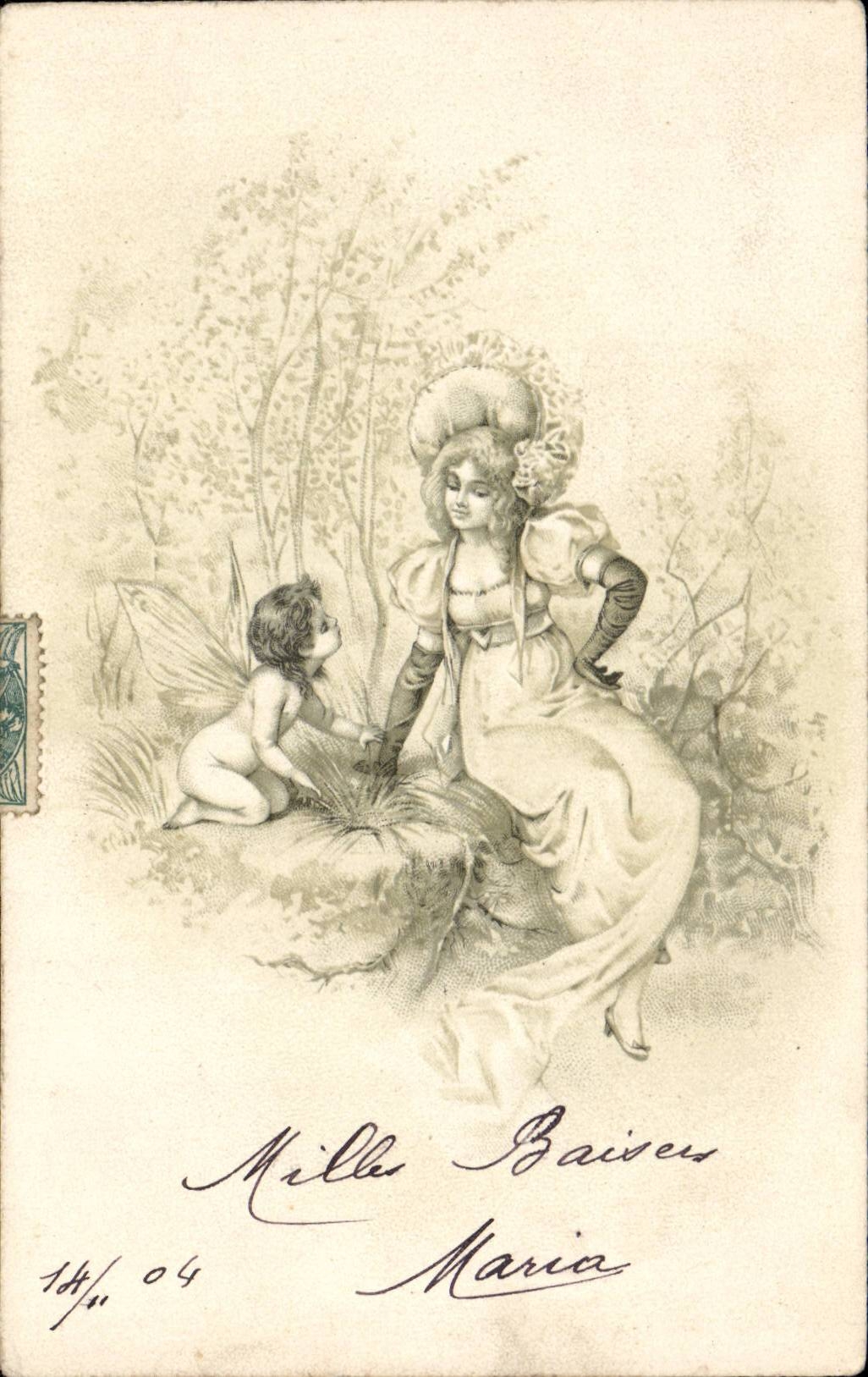 Fantasy - Woman with angel - fashion - mode - woman with little angel - butterfly wings - CPA