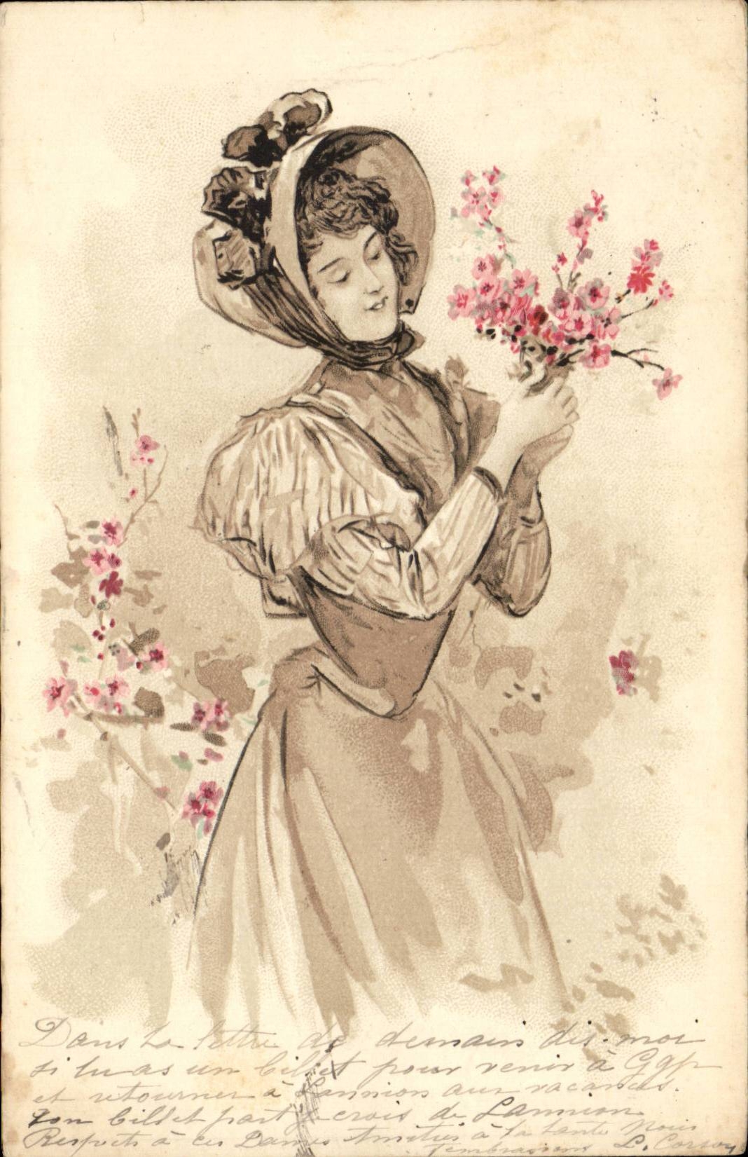 Fantasy - Woman - Woman clasping flowers with amazing hat - CPA