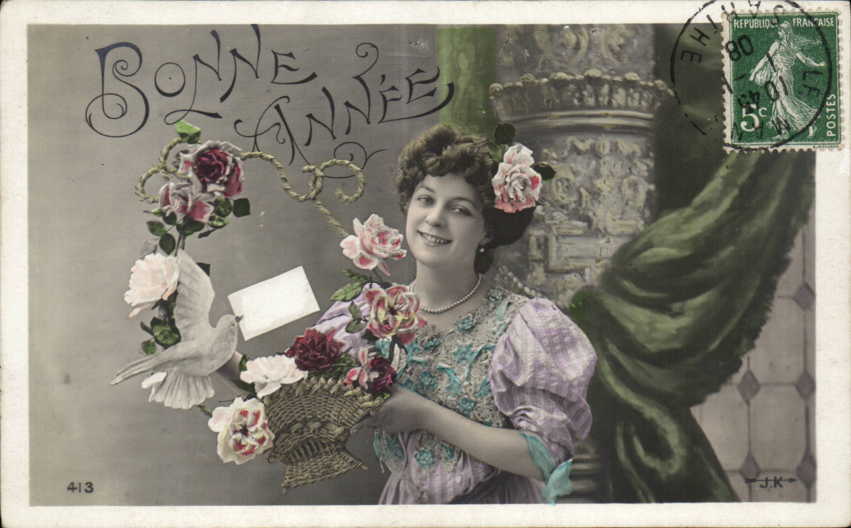 Fantasy - Woman - Happy New Year - Beautiful Woman and little bird carrying letter - CPA