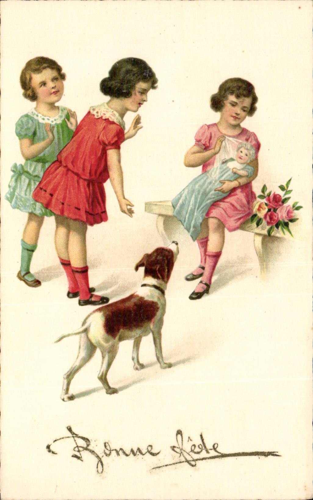 CPA Fantasy Children and baby Dog Dog