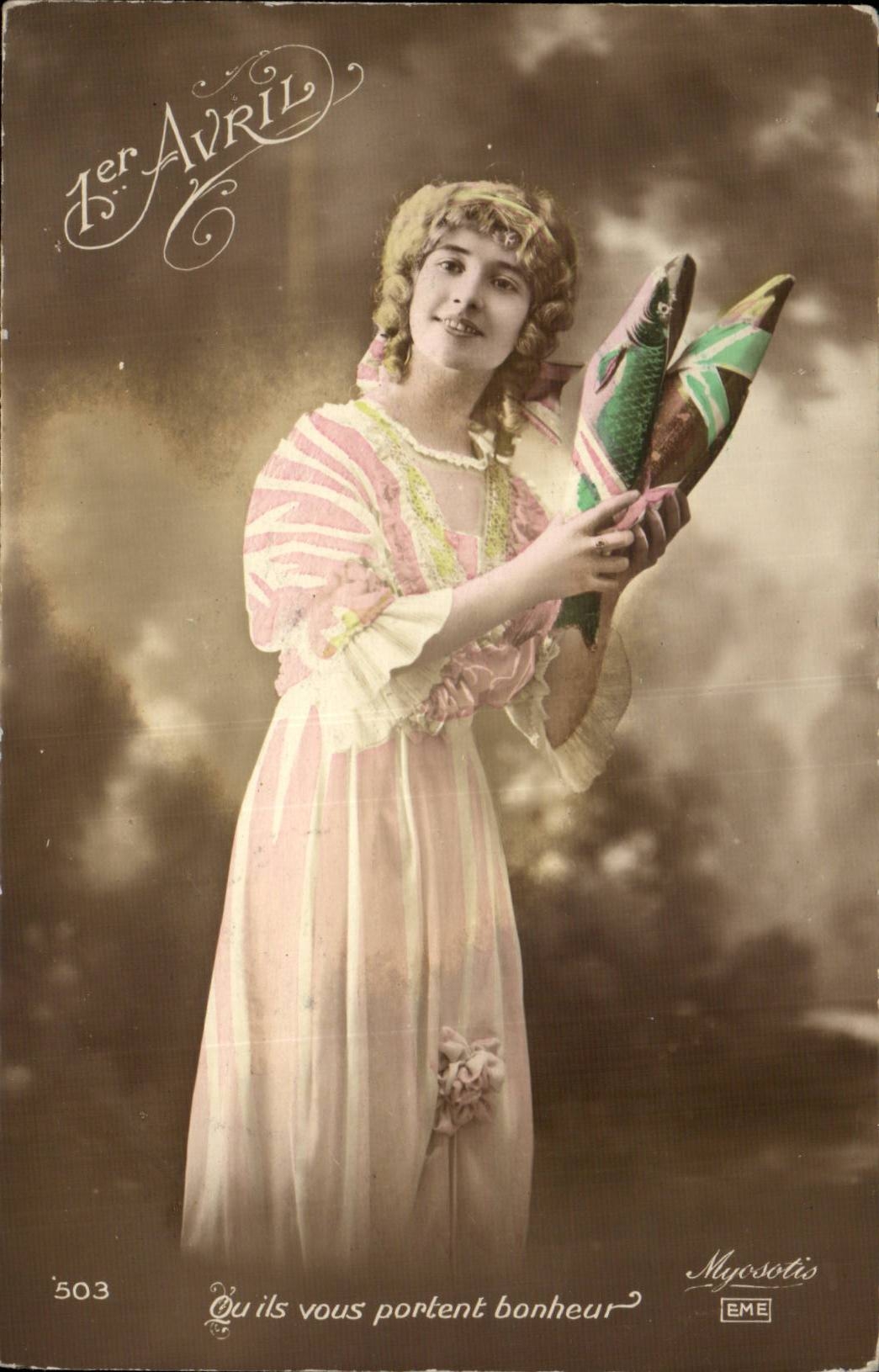 CPA Phantasie Frau 1 Aprilfische Ostern Ostern