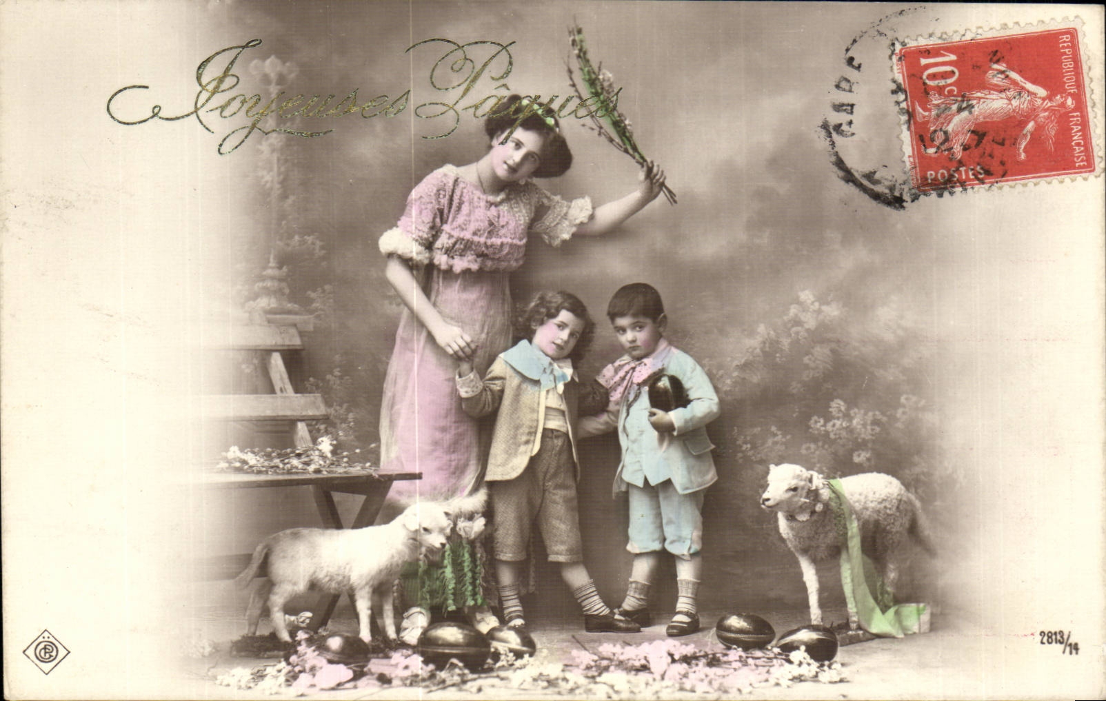 CPA Fantasy Woman Children and sheep