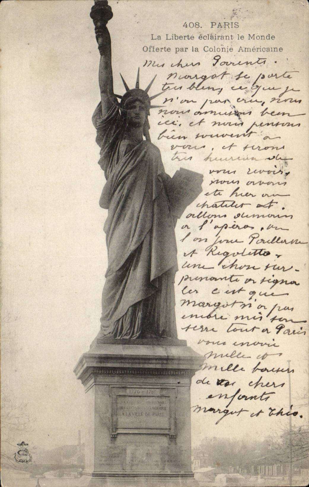 Paris CPA La Liberte eclairant le monde offerte par la colonie americaine