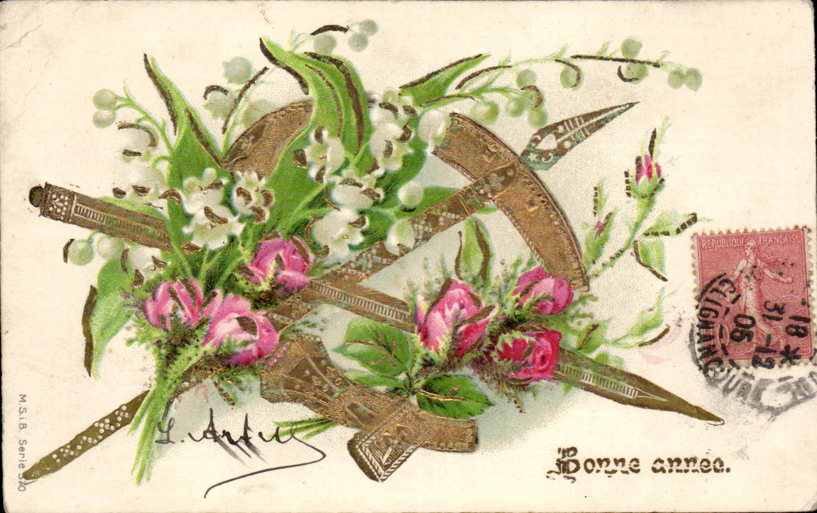 CPA Fantasy Flowers and lances dorees Happy New Year