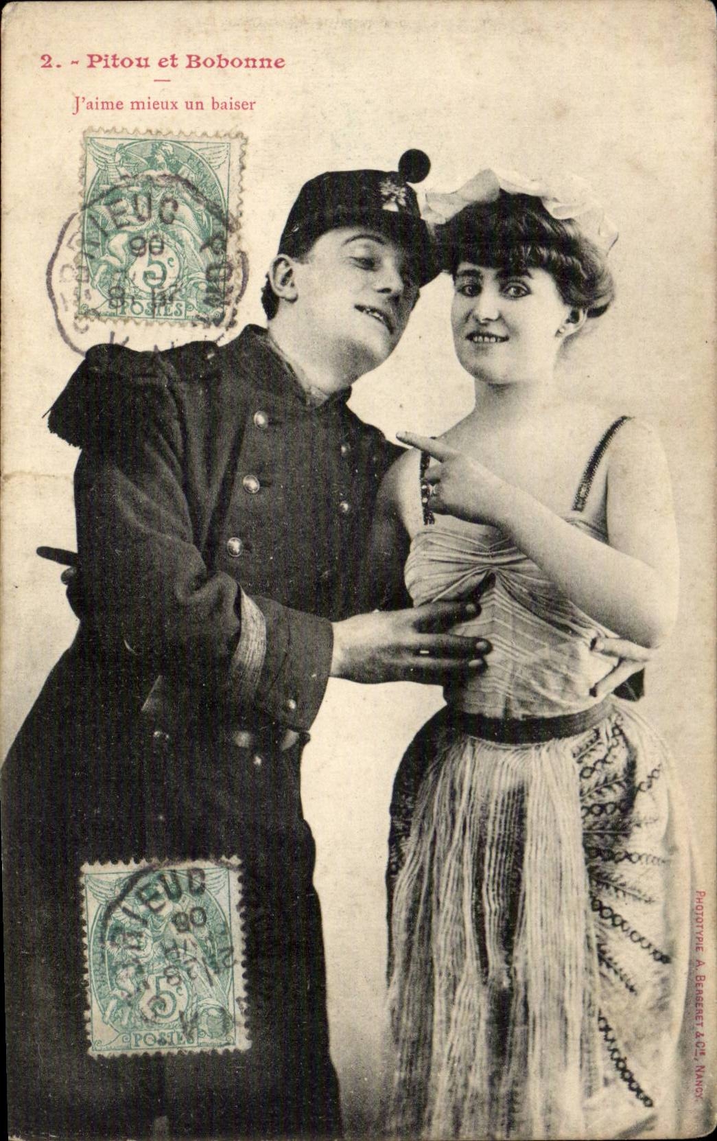 Fantaisie - Couple - Pitou et Bobonne - militaria - humour - CPA 