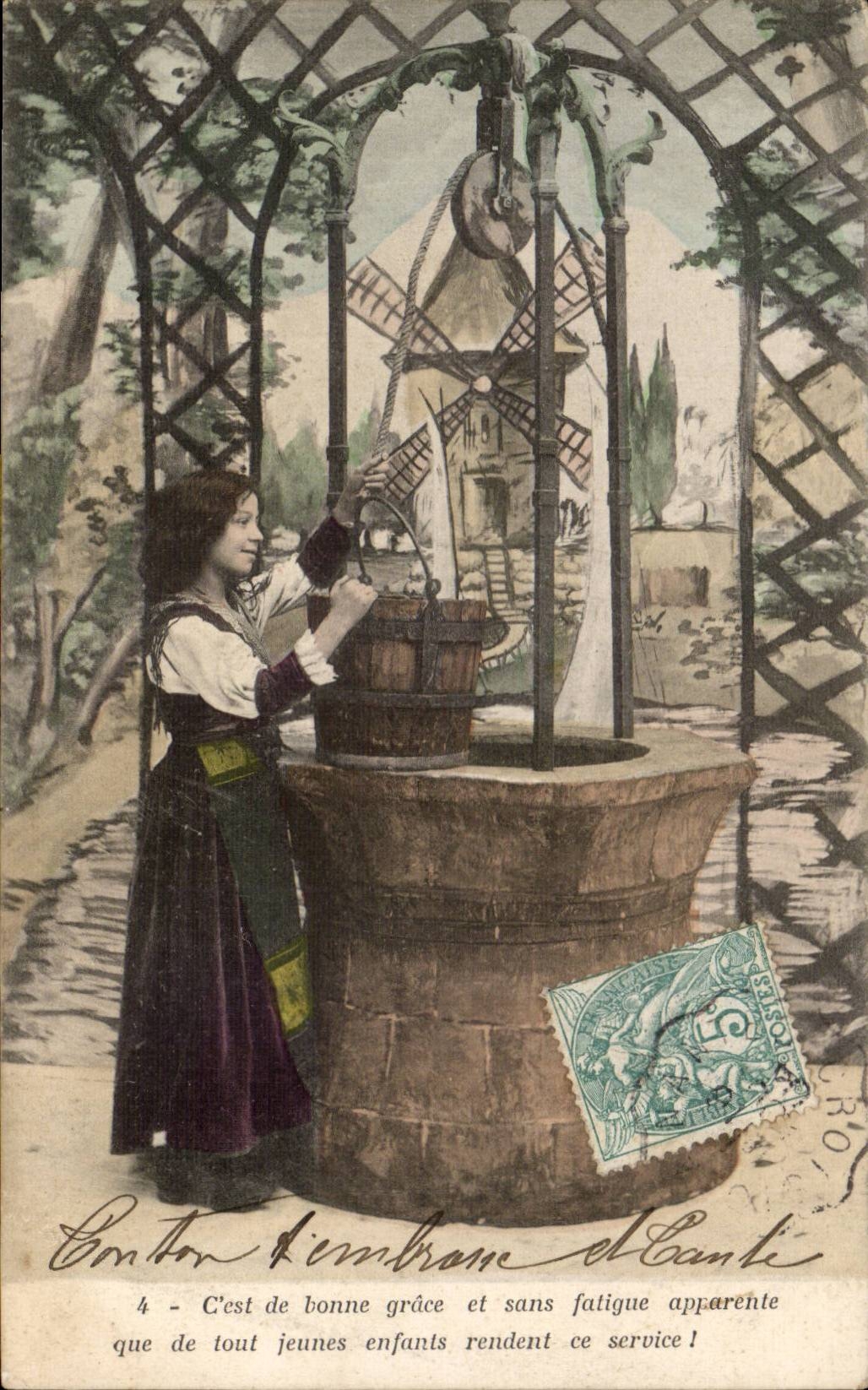 Fantasy - Woman - puit - Woman At the well - mill - windmill- CPA