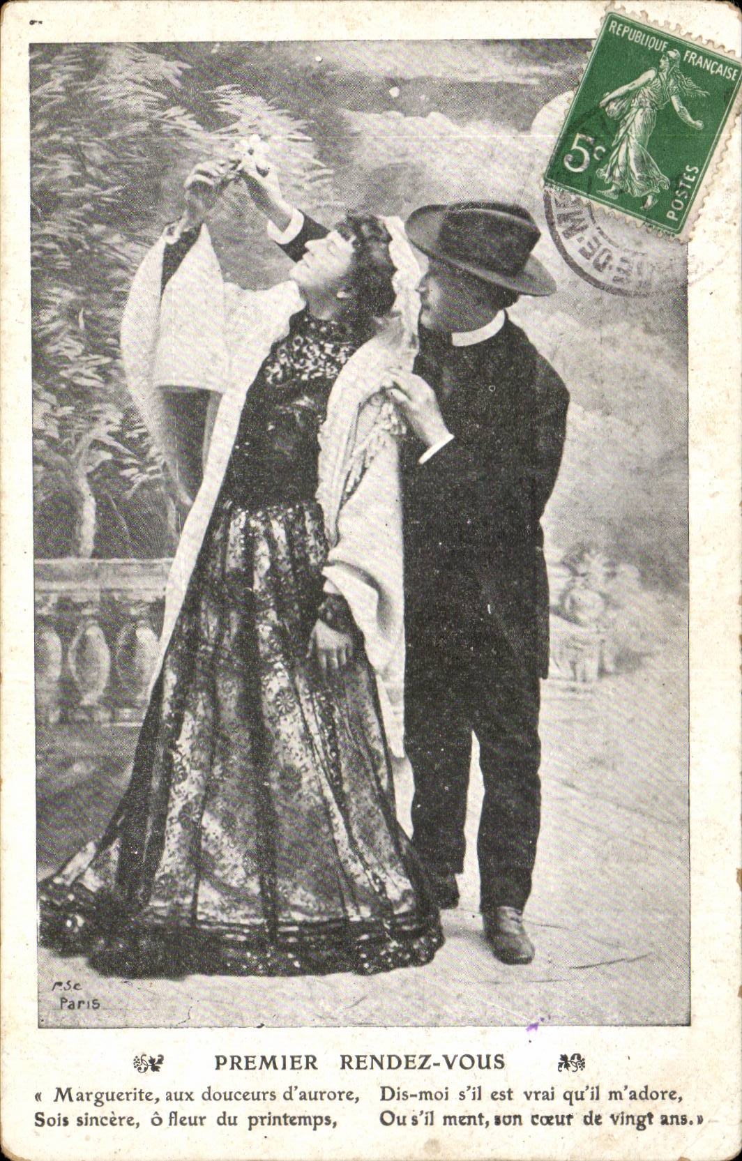Fantaisie - Couple - Woman with long beautiful veil - wedding - mariage - CPA 